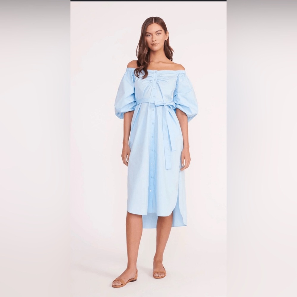 STAUD Light Blue Off-Shoulder Puff Sleeve Midi Dress